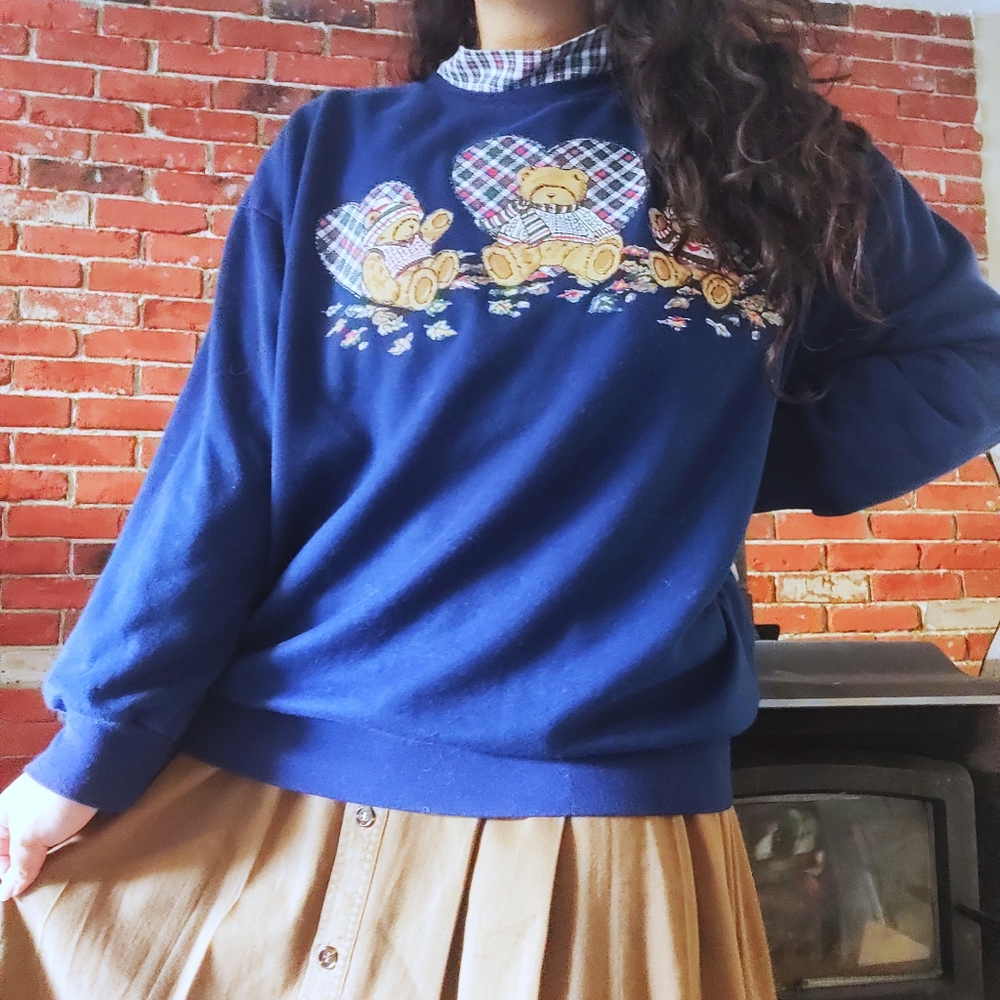 💙SOLD💙 VINTAGE 80s Teddy Bear Plaid Mock Neck Navy Crewneck Sweater XXL - Picture 3 of 9